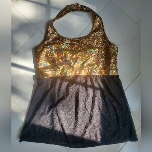 Gold Holographic Crackle Halter Top Sports Bra Sheer Mesh Black CC Dancewear